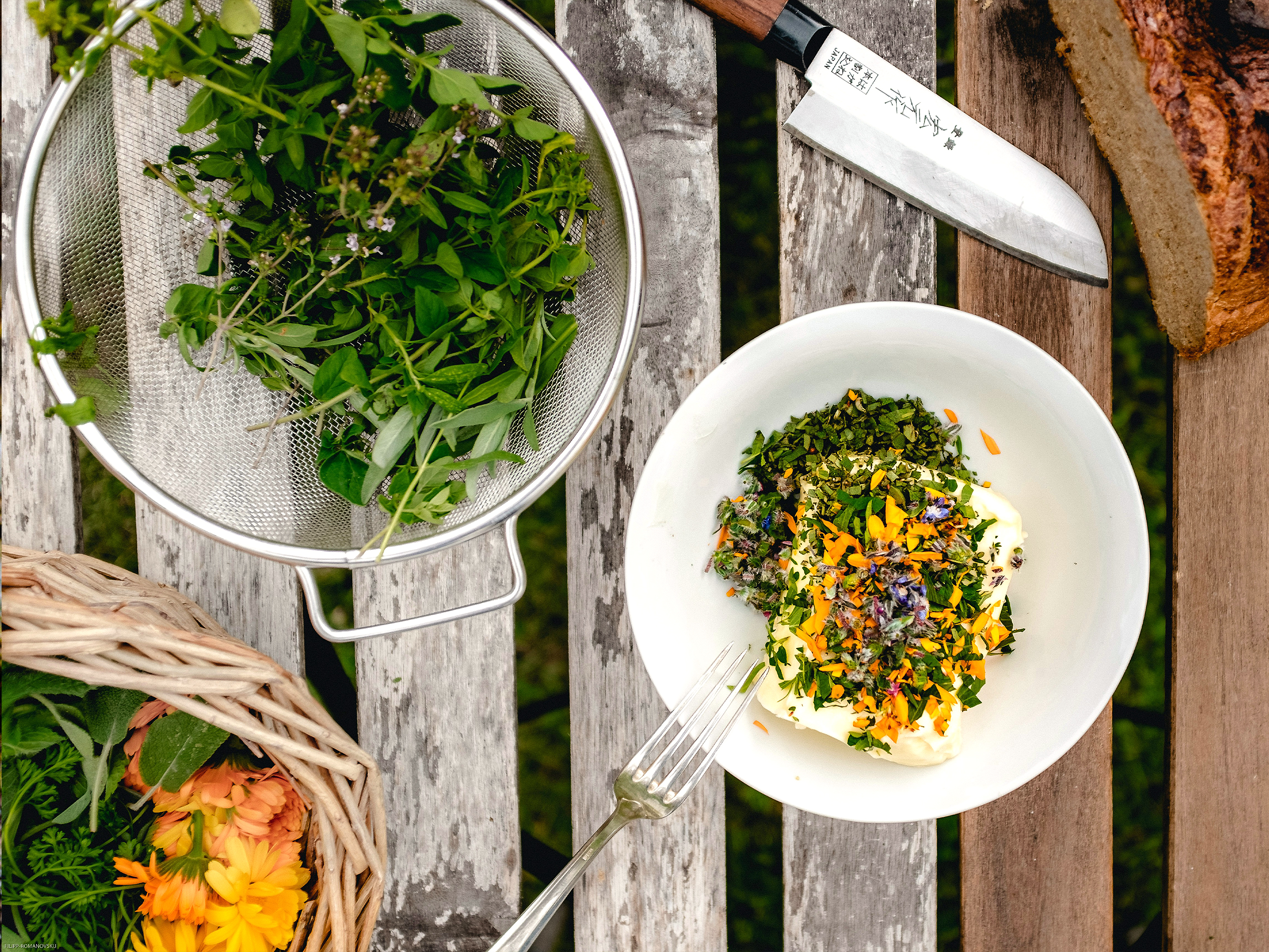A foraged, farm-to-table spread on a wooden table
