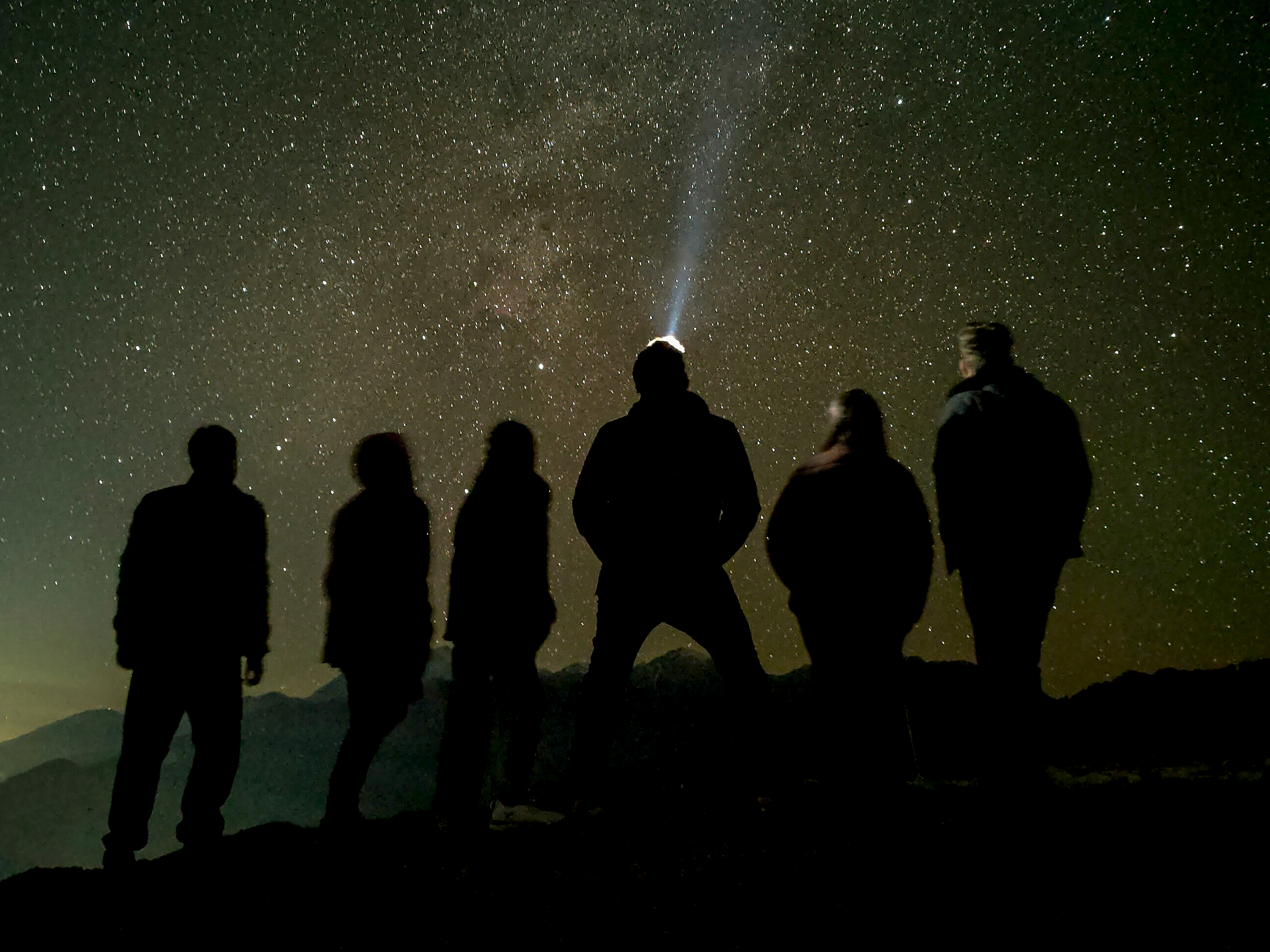 Guests gathered around a fire beneath a starlit sky